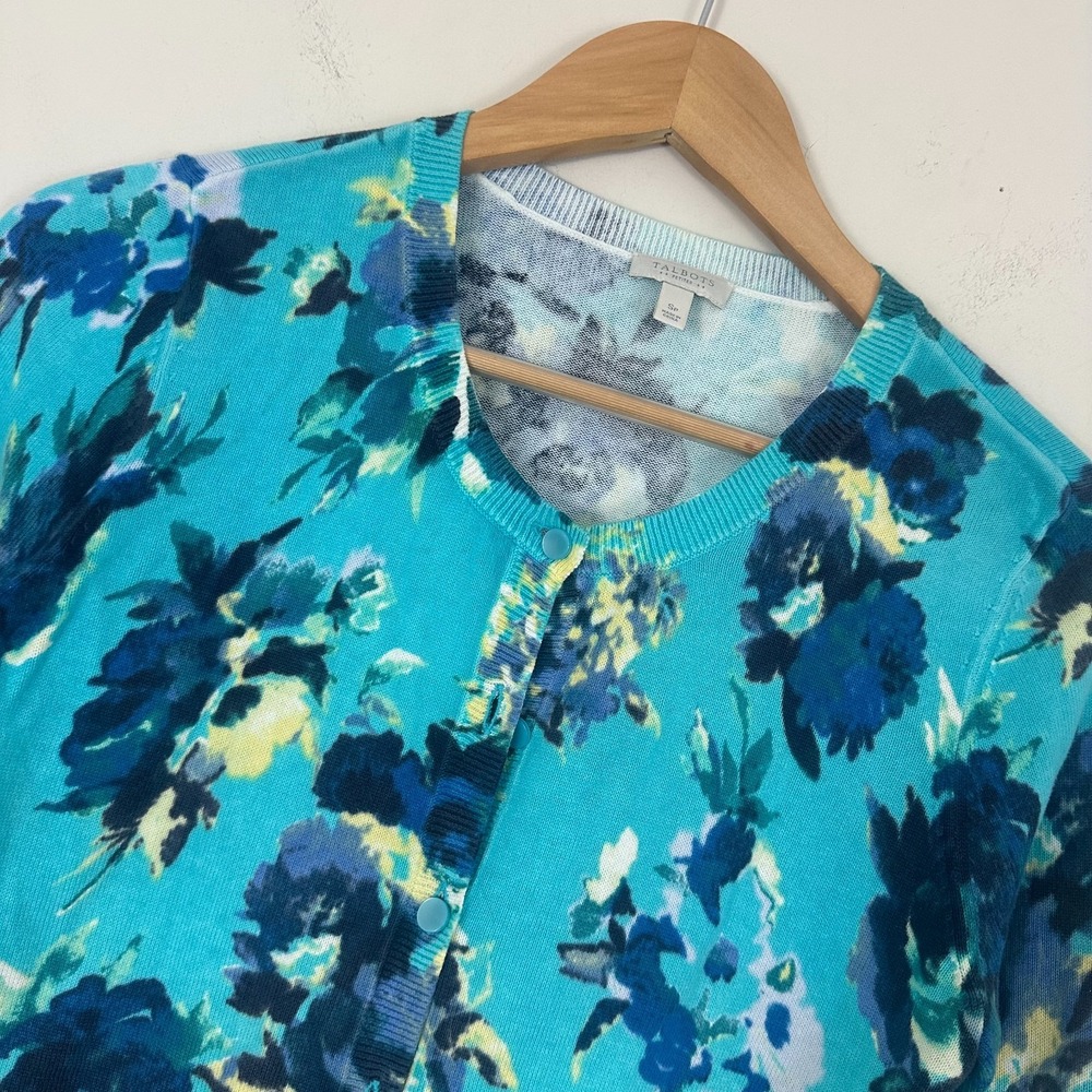 Talbots Cardigan Sweater Teal Blue Floral Botanical Cotton Button Front PS